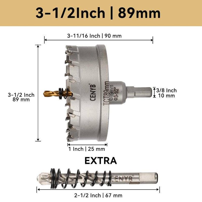 cenyb 3-1/2" (89mm) Tungsten Carbide Tipped Hole Saw with 2Pcs Titanium-Plated Pilot Drill Bits for Hard Metal,Stainless Steel,Iron,Aluminum Alloy,Wood and Plastic - Image 2
